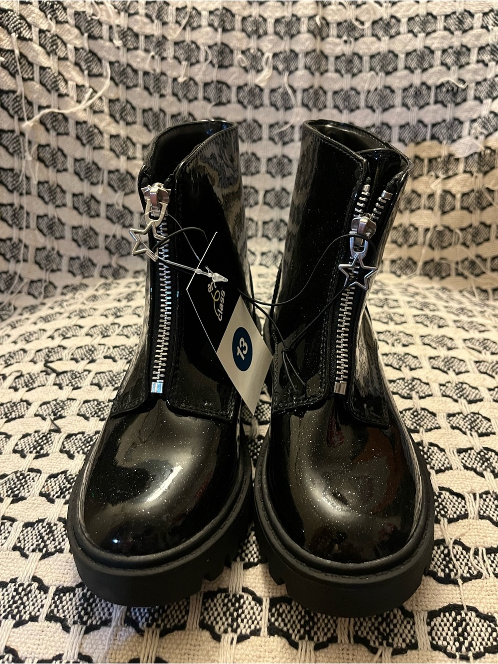 art class Black Patent Glitter Front-Zip Kids Ankle Boots